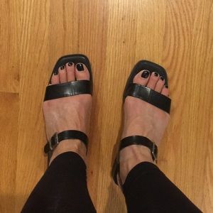 Black strap low wedge sandals
